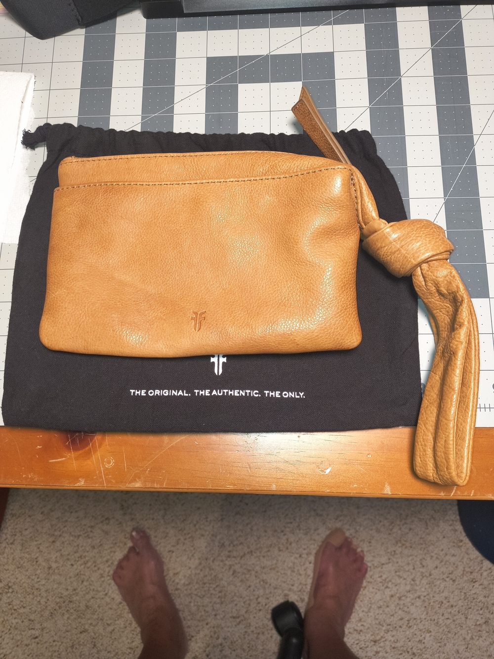 Frye Camel Colored Pebbled Leather Wristlet with Knotted Strap